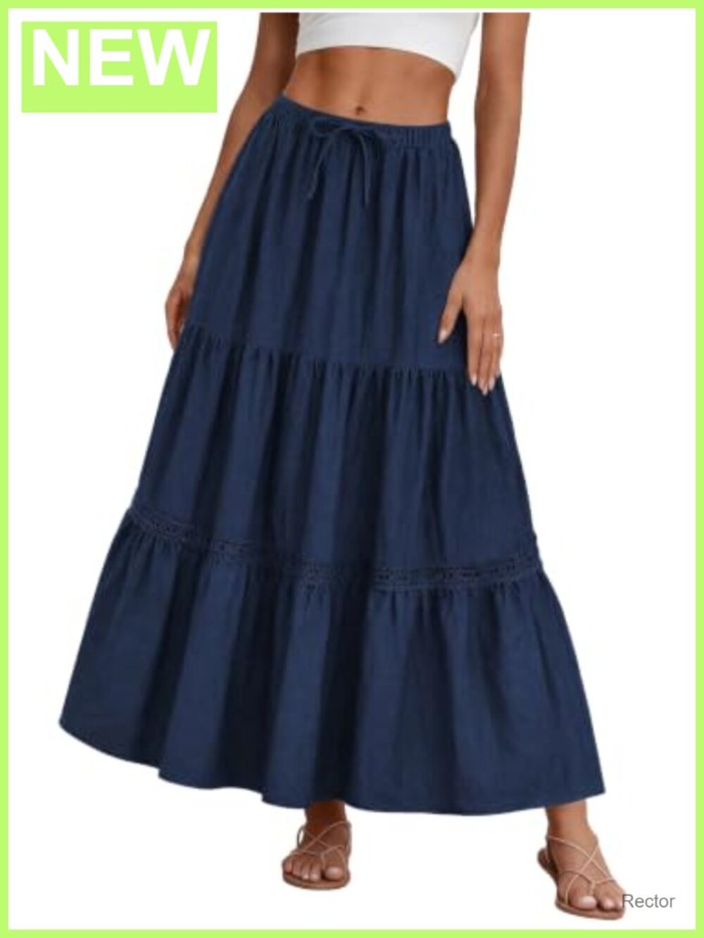 DJT Women's Boho Lace Trim Tiered Maxi Skirt High Waisted A-Line with Pockets